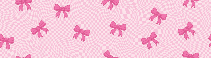 Playful retro background features wavy checkerboard pattern with scattered daisies and cute bow elements. Soft pastel colors in seamless repeating design with copy space. Stock vector illustration in