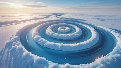 Aerial view of a spiral ice melt pattern on a frozen lake a unique natural phenomenon illustrating climate change and environmental impact