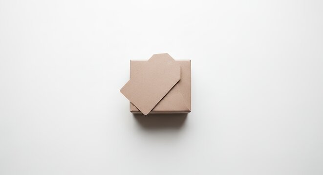 Cardboard box with tag on white background top view