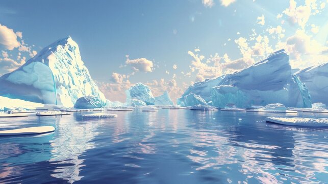 Icebergs float in a tranquil arctic sea under a bright sky