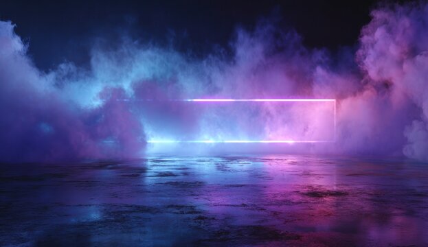 Abstract neon rectangle glows through blue and purple stage fog