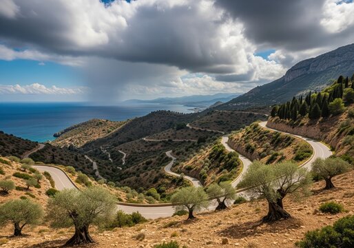 Dramatic mediterranean landscape with winding coastal road, olive trees, and stormy sky