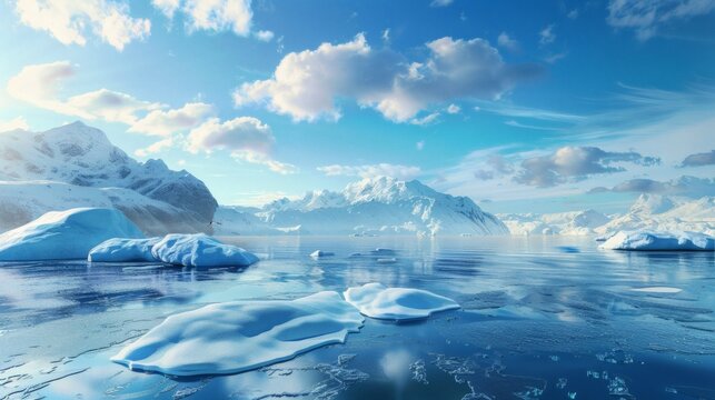 Icy landscape with snow capped mountains and floating icebergs