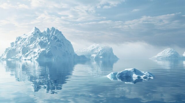 Majestic icebergs float in a serene arctic sea under a bright sky