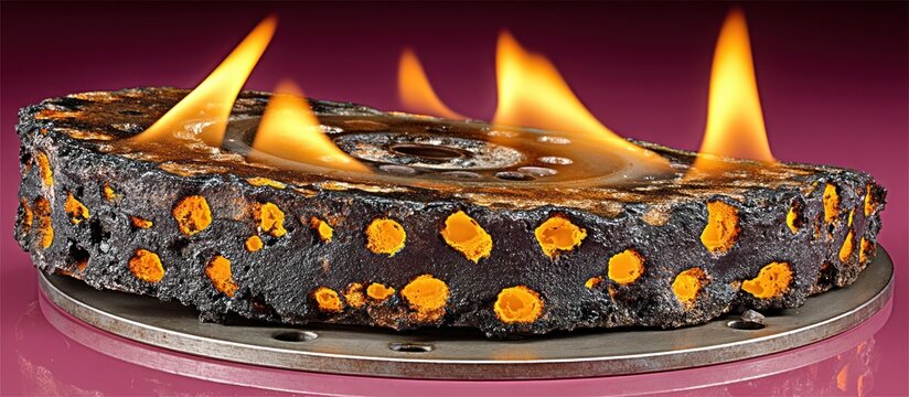 Burning object with orange spots and flames.