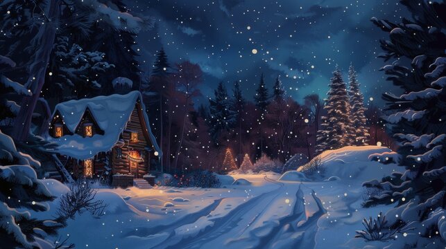 Cozy cabin nestled in a snow covered forest at night
