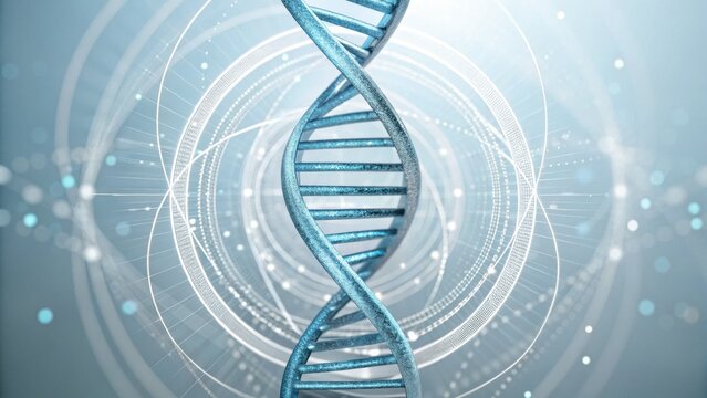 A detailed digital representation of a DNA double helix, surrounded by abstract circles and light, symbolizing genetics and biological research.