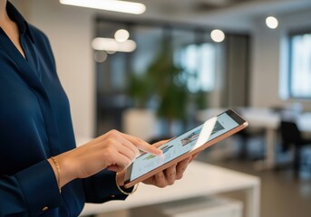 Professional woman using a digital tablet to review data and presentation slides.