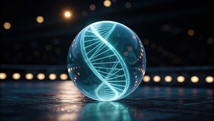 A glowing, transparent sphere featuring a DNA helix design, set against a blurred background with soft lighting.