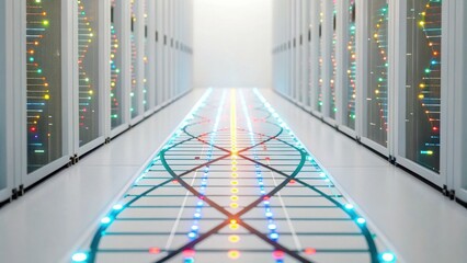 A futuristic data center corridor with illuminated pathways and server racks, showcasing advanced technology and digital infrastructure.