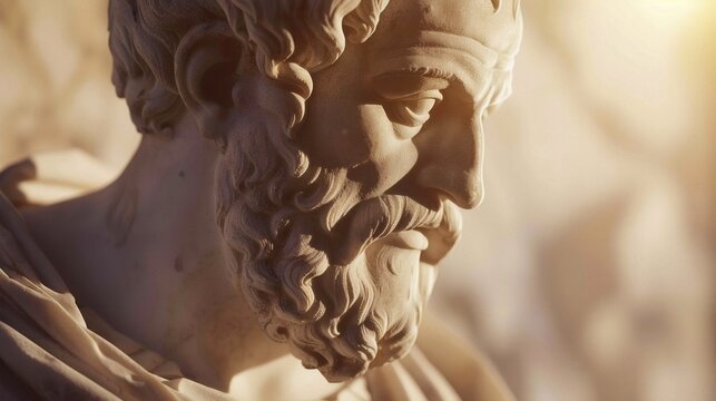 Close-up of an ancient marble bust, showcasing intricate details of the face and beard
