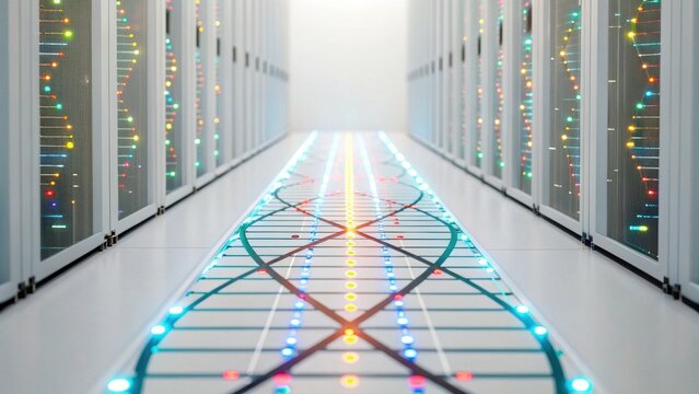 A futuristic data center corridor with illuminated pathways and server racks, showcasing advanced technology and digital infrastructure.