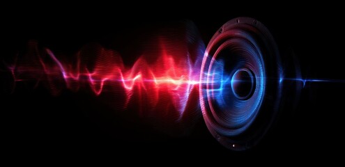 Abstract sound wave emanating from a glowing speaker cone on black.