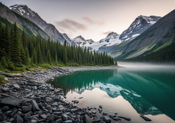 Majestic emerald glacial lake reflecting snow capped mountains and pine forest