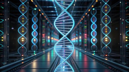 A futuristic digital representation of DNA strands illuminated in a high-tech environment, symbolizing advancements in genetics and biotechnology.