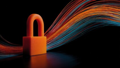 Orange padlock beside flowing abstract light trails on black background.