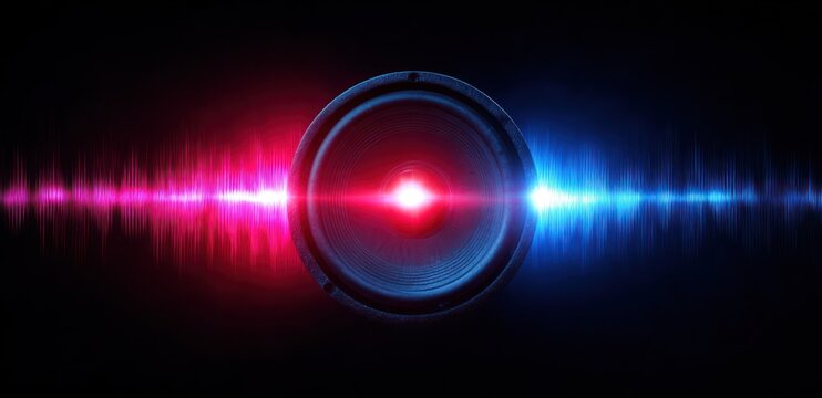 Speaker cone with glowing sound wave visualization in red and blue.