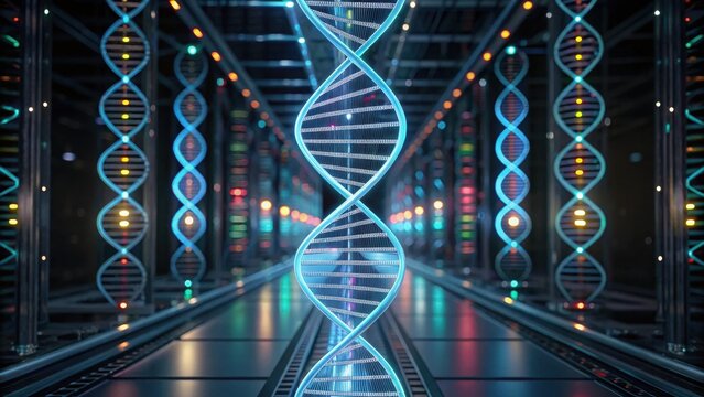 A futuristic digital representation of DNA strands illuminated in a high-tech environment, symbolizing advancements in genetics and biotechnology.