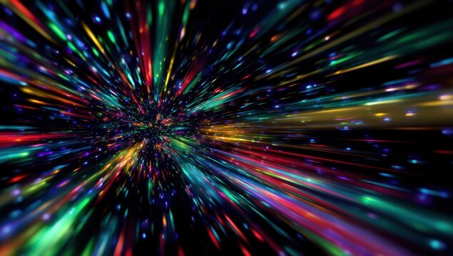 Abstract colorful light streaks moving rapidly through dark space