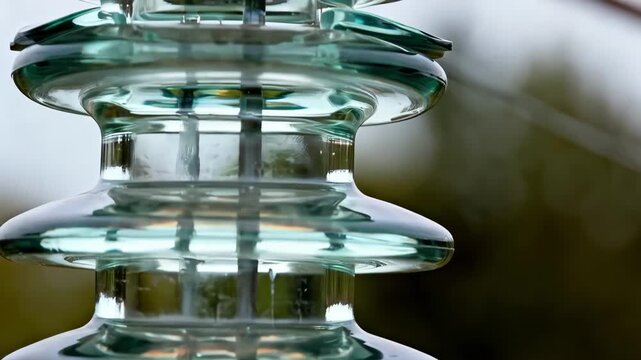 Detailed medium view of glass insulators featuring transparent surfaces and weatherresistant properties critical for maintaining safe power transmission.