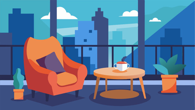 A cozy balcony nook is home to a plush armchair and a small table the perfect workspace for a writer seeking inspiration from the urban landscape around them.. Vector illustration