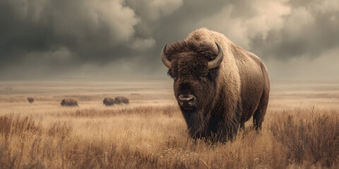 Majestic Bison in the Wilderness: A solitary, colossal bison stands proudly amidst a vast expanse of golden grassland, under a dramatic, overcast sky.