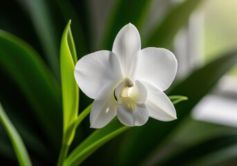 Obraz premium Elegant white orchid bloom captured in close up against a deep green leaf background