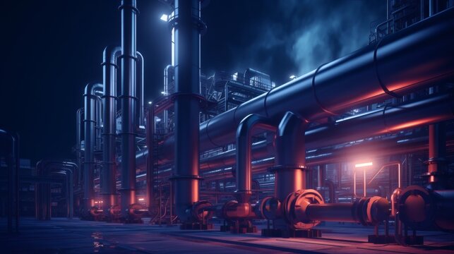 Industrial pipes and machinery at night, illuminated with red and blue lights