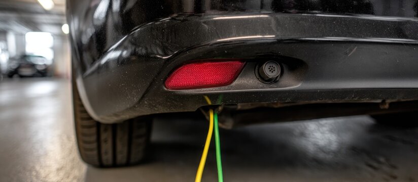 Car bumper with visible wiring and parking sensor.