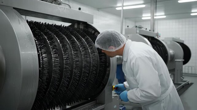 Technician inspecting sharp blades of a plucker machine to ensure smooth and precise feather removal during poultry processing in a clean industrial setting.
