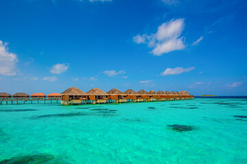 Tropical island beach landscape exotic shore coast. Tranquil closeup calm sea water waves with palm trees. Beautiful Panorama. Summer vacation, holiday amazing nature. Relax paradise, Maldives.