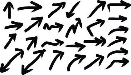 A collection of hand drawn black arrows pointing in various directions and styles on a white background