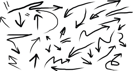 A collection of hand drawn black arrows pointing in various directions on a white background