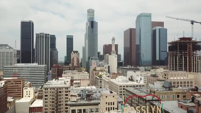 Aerial View of Downtown Los Angeles, California USA on June 5th, 2024. Drone Shows Buildings, Offices, Apartments, Condos, on a Gloomy Summer Day. 