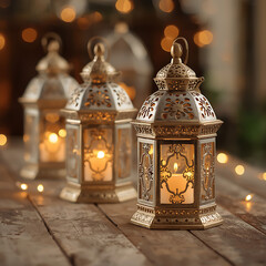 Ornate metal lanterns emit soft warm candlelight, creating a cozy holiday decor ambiance, set on a rustic wooden table with blurred background bokeh lights, suitable for product mockup and branding.