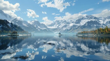 Fototapeta premium Majestic snow-capped mountains reflected in a calm lake
