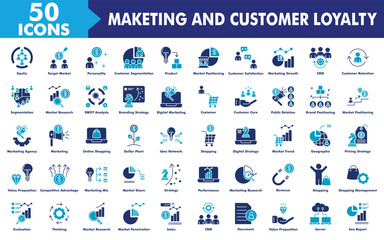 Marketing And Customer Loyalty Icon Set Collection. Consist Of Demographic, Target Market, Personality, Customer Segmentation, Product Development. Simple Flat Vector Illustration.