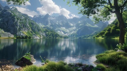 Tranquil lake nestled in a valley, surrounded by majestic mountains and lush greenery