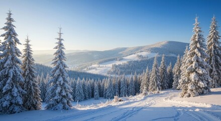 Fototapeta premium Snowy mountain vista with coniferous trees. A winter landscape of pristine snow-covered evergreen trees, rolling hills, and a clear blue sky.