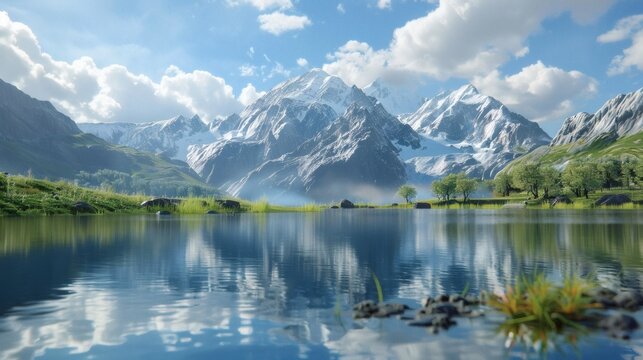 Majestic snow-capped mountains reflected in a serene lake