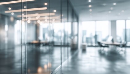 Modern office interior seen through blurred glass partitions and reflections
