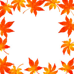 紅葉したもみじの葉のフレーム　秋の植物の手描き水彩イラスト背景素材