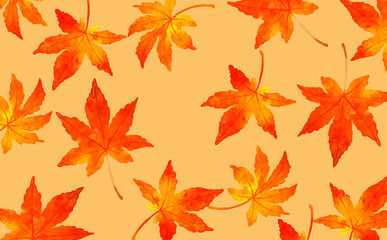 紅葉したもみじの葉の背景　秋の植物の手描き水彩イラスト素材