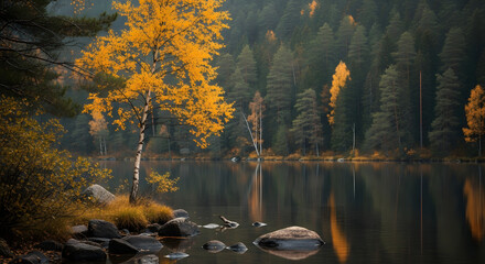 Autumnal lakeside view with birch tree and reflection tranquil forest