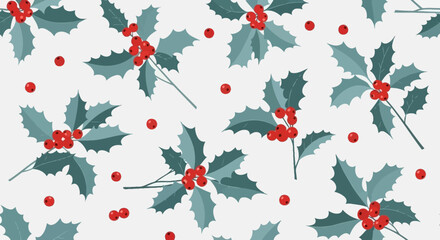 Seamless holly berry pattern for festive holiday season designs. Vibrant winter plant illustration background, perfect for Christmas celebrations and seasonal decorations