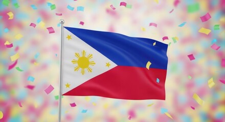 Philippines flag blowing in the wind during a celebration, surrounded by colorful confetti. Patriotic concept for national holiday event.