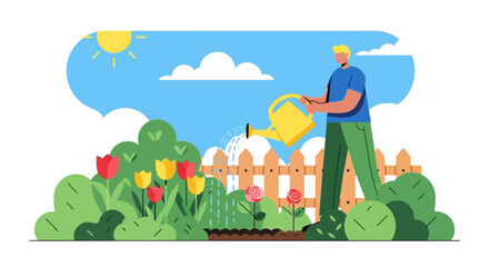Minimalist Vector Illustration of Man Watering Garden Flowers in Bright Colors in Modern Style