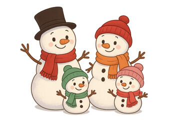 Snowman family featuring parents and two happy children celebrating winter holidays, cartoon illustration with transparent background
