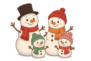 Snowman family featuring parents and two happy children celebrating winter holidays, cartoon illustration with transparent background