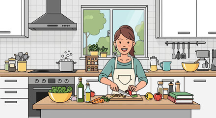 Illustration Vector Kitchen Scene with Woman Cooking in Modern Minimalist Style Featuring Bright Colors and Detailed Interior